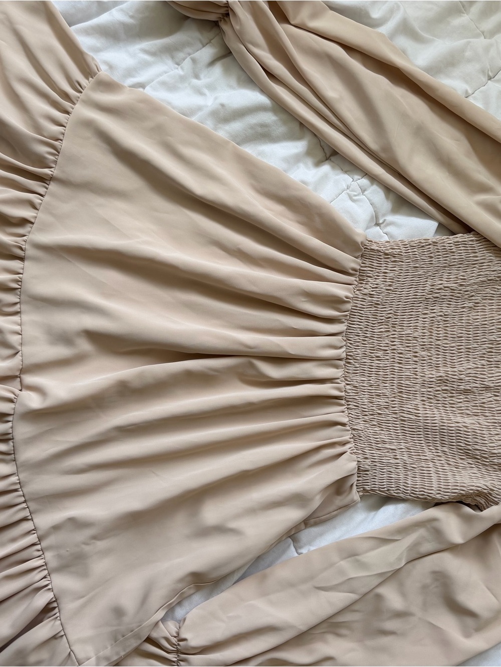 Smocked Square Neck Long Sleeve Mini Dress - Beige - Picture 2 of 2